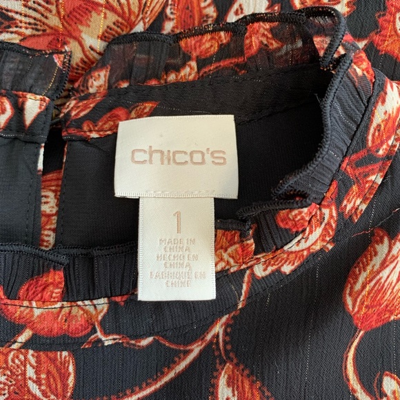 Chico’s top. Size 1 (8-10 M). Black base with rust floral print. Pretty pleats! - Picture 6 of 6